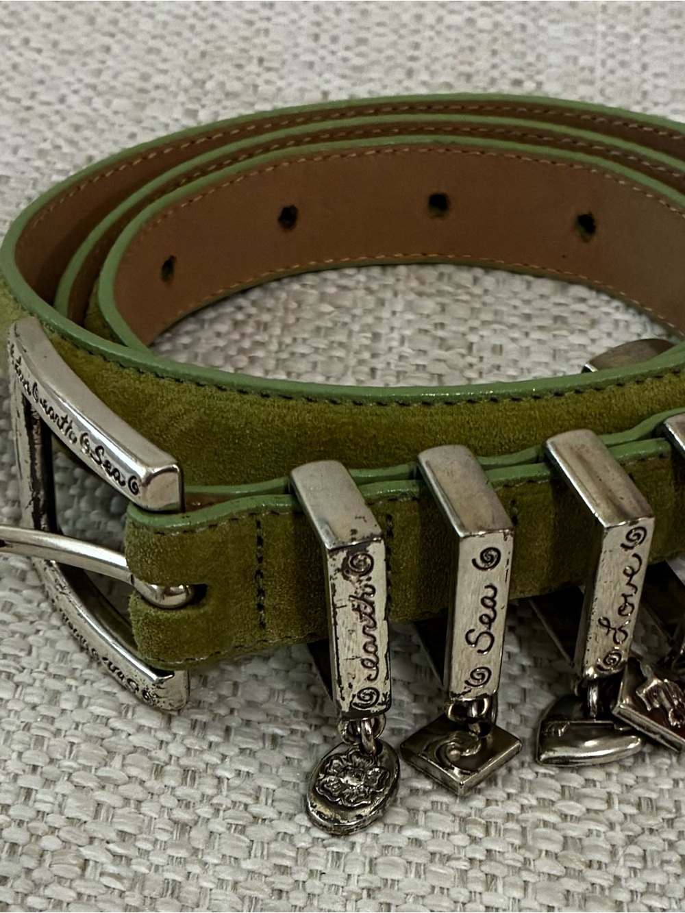 Brighton  Green Suede L silver-toned dangling word  Belt